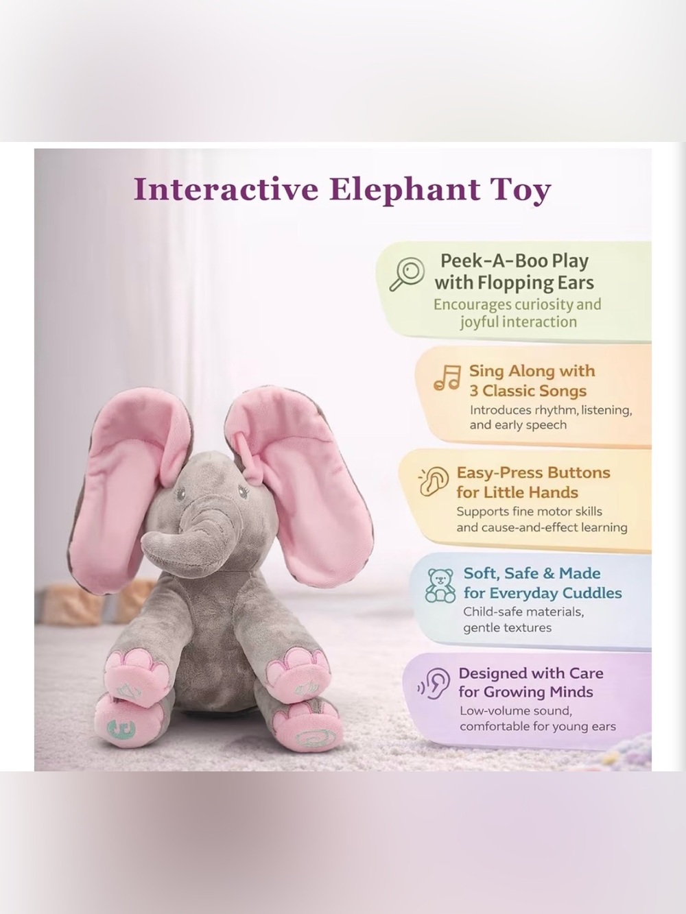 Dimple Kaia Peek-A-Boo Elephant Interactive Singing Plush Toy NWT - Picture 6 of 12